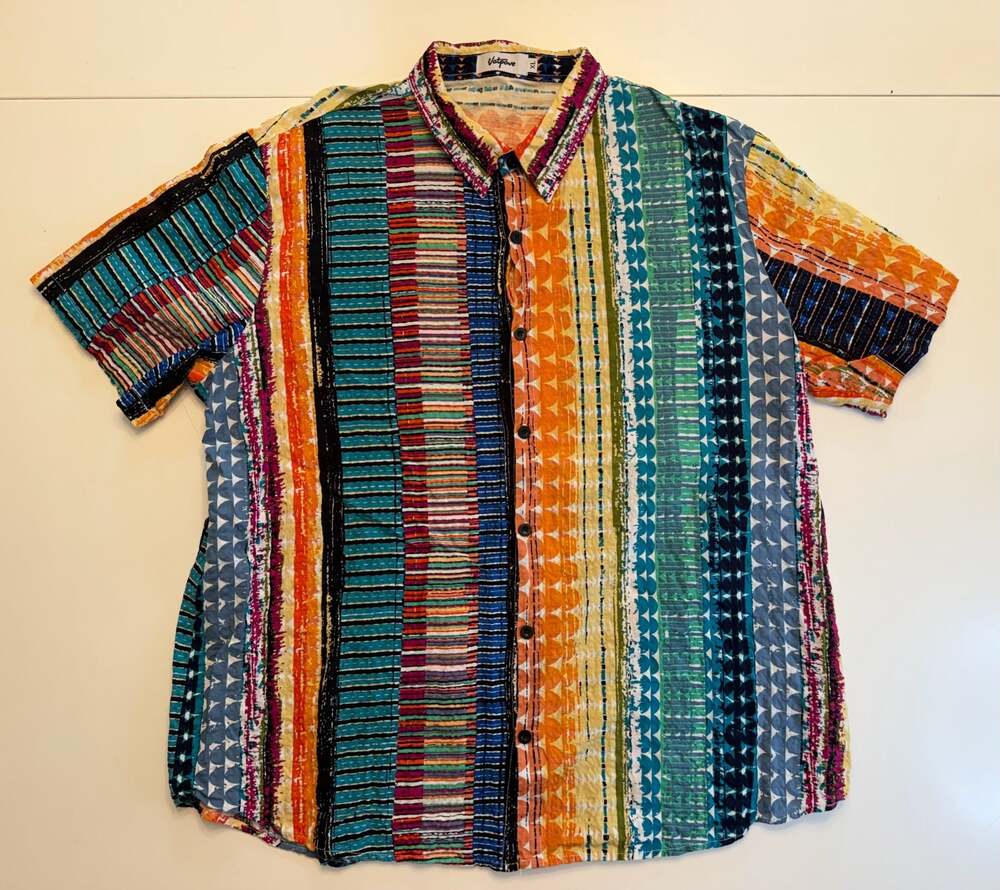 Vatpave Mens XL Short Sleeve Button Front Multi-Colored Striped Shirt